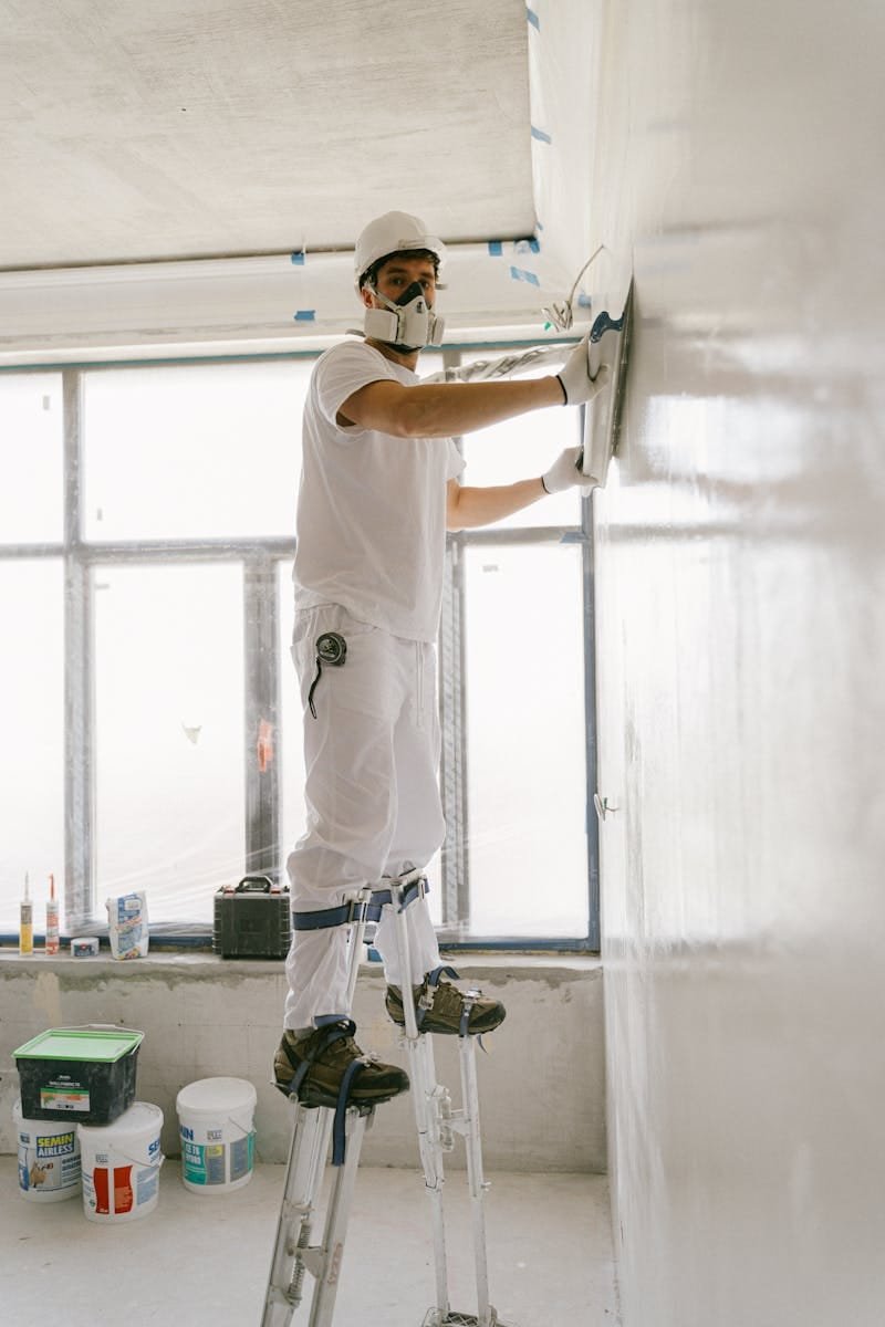 Plasterer skimming an interior wall while wearing safety gear, supplied through our plasterer recruitment service